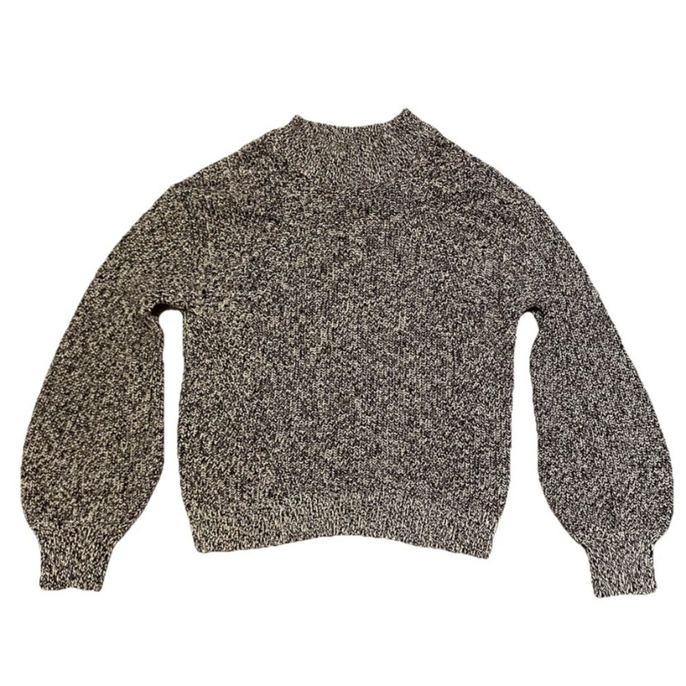 H&M Sweater Womens Medium Bishop Sleeves Heather Grey Mockneck Knit Preppy Cozy